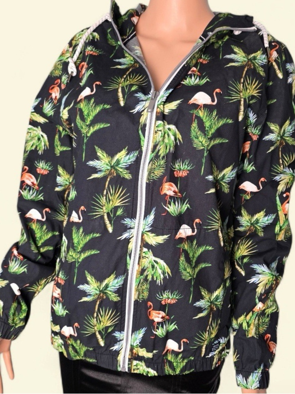Denim & Flower Black Hoodie with Green Palm & Pink Flamingo Print - Picture 8 of 10